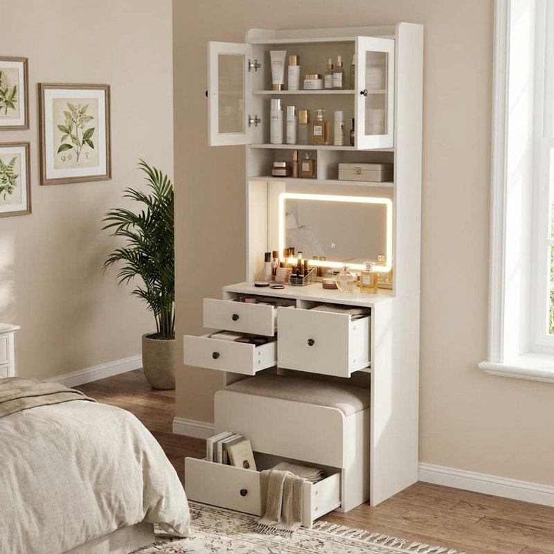 3 in 1 Vanity Desk with LED Light, Tall Makeup Vanity Set with 2 AC Outlets & USB-c, Dressing Table with Drawers & Acrylic Doors, Nightstand Vanity Mirror