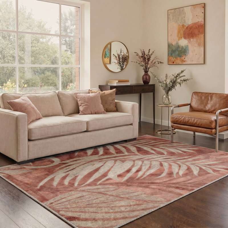 Tapis d'intérieur rouge / beige lavable à la machine Veranda avec envers antidérapant, Round 5'