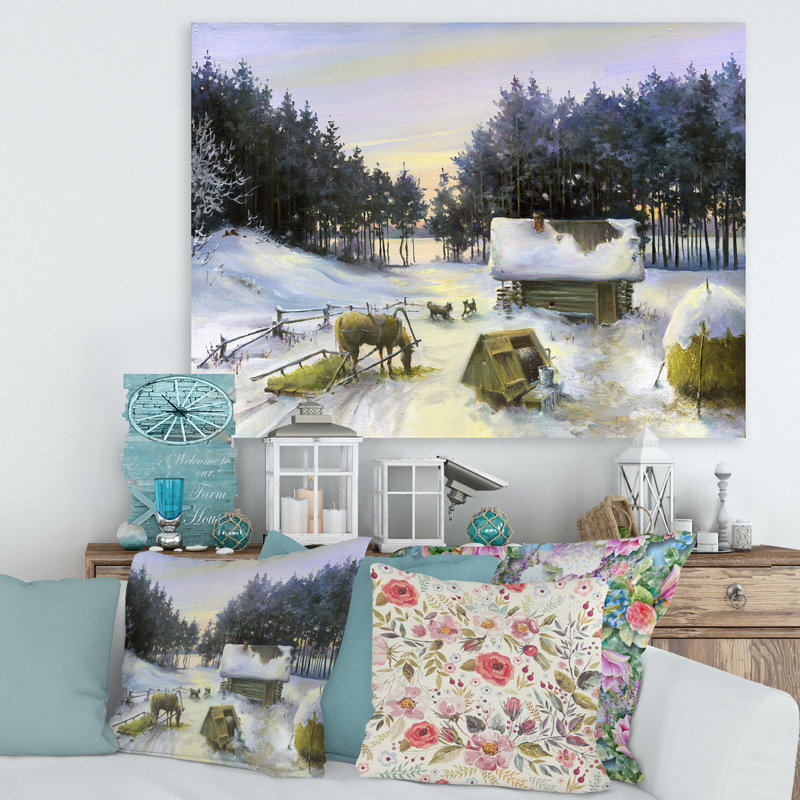 Winterscene avec chalet recouvert de neige - peinture sur toile, H 12 po x l 20 po x p 1 po, Toile tendue