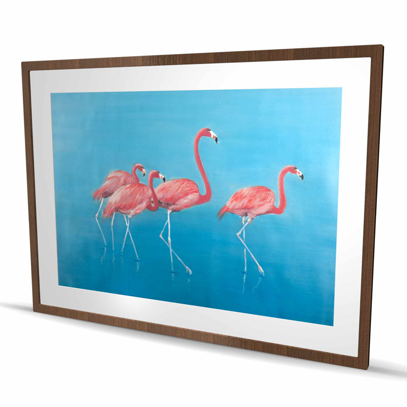 Quatre flamants roses - romantiques, encadré bleu