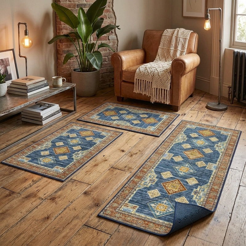 Ensemble de 3 tapis de cuisine lavables et antidérapants, Bleu