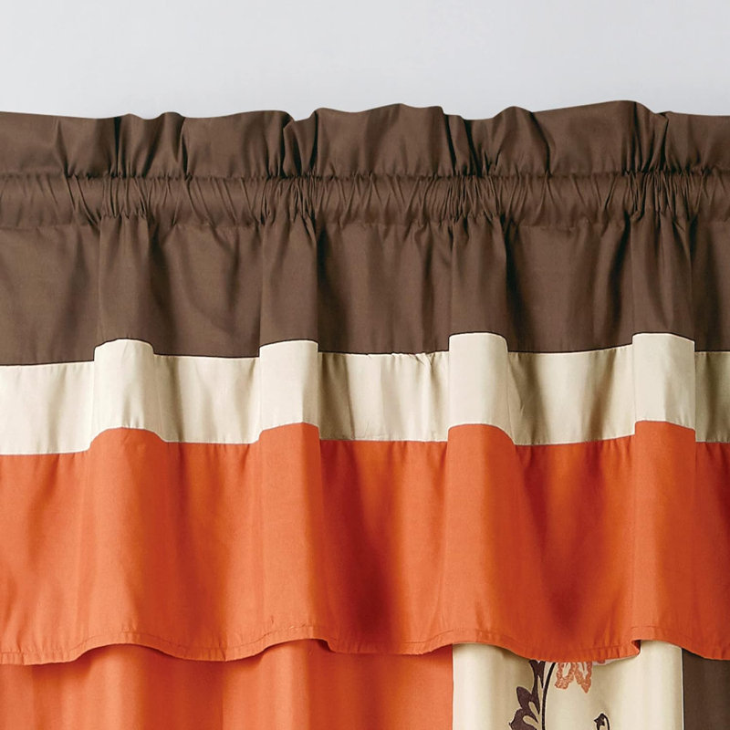 Autumn Floral Embroidery Taupe and Orange Polyester Window Curtain Set