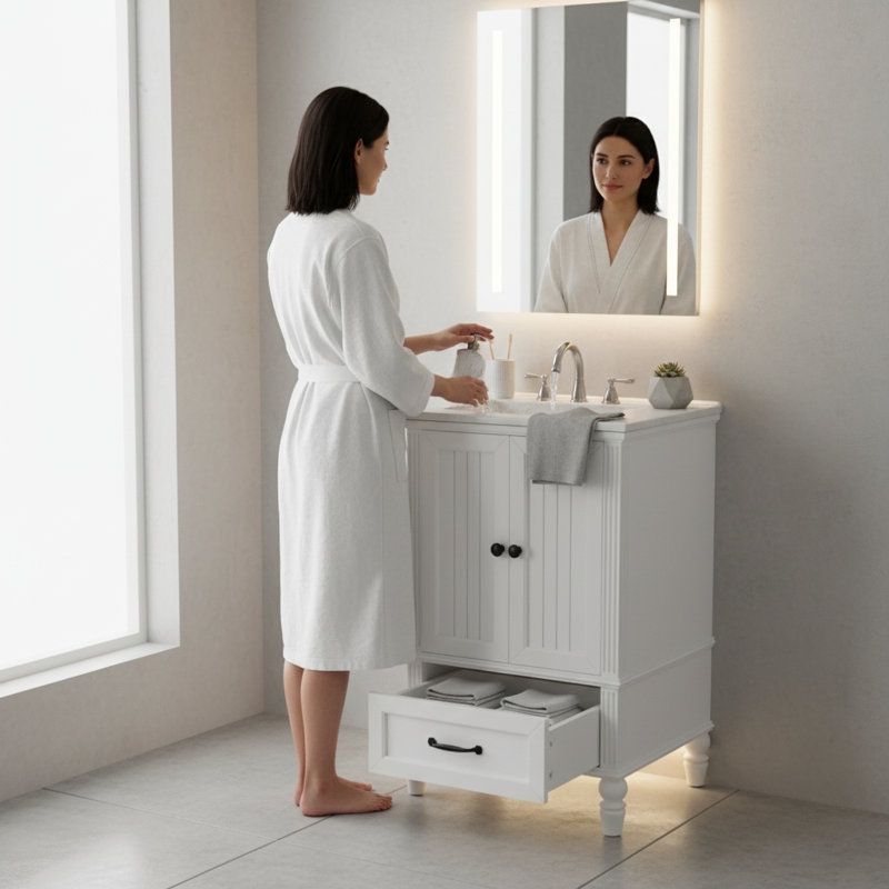 Meuble-lavabo blanc 20 po avec lavabo demi-lune en céramique et armoire de rangement