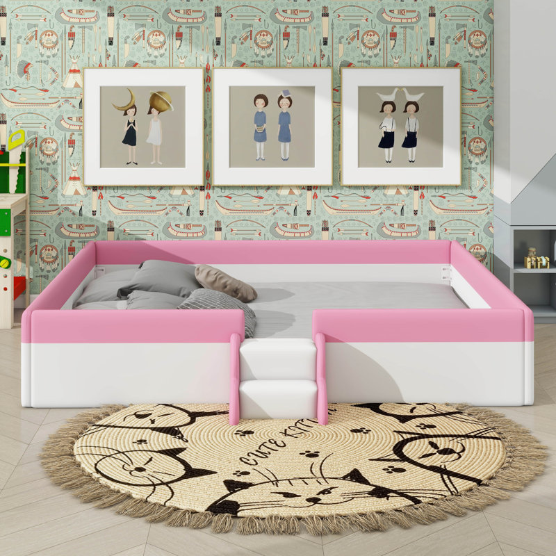 Upholstered Daybed Frame With Fence And Stairs, King, Pink/White