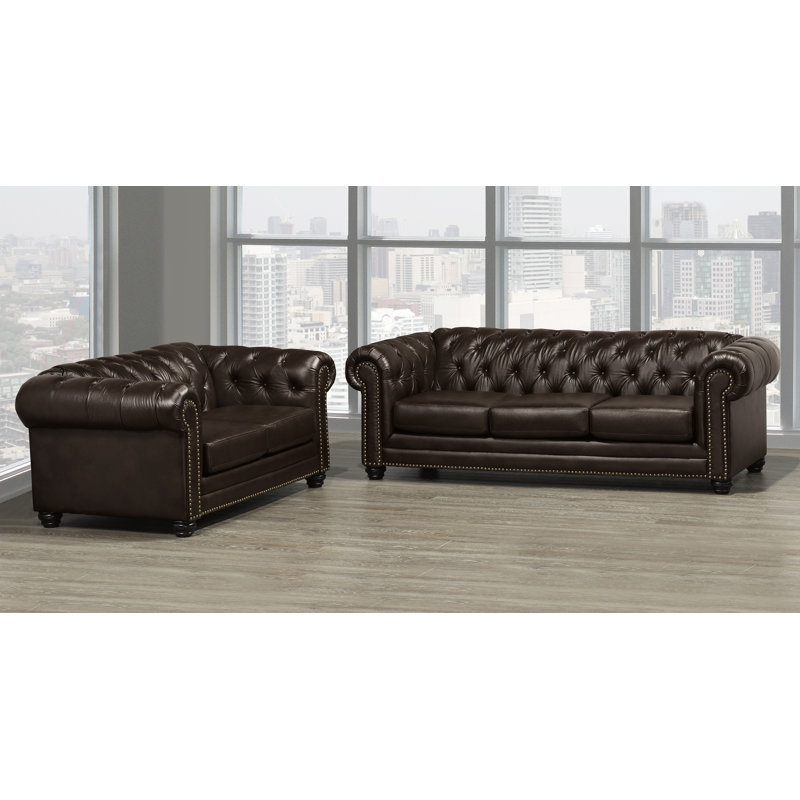Ornellas 2 Piece Genuine Leather Living Room Set, Espresso Leather Match