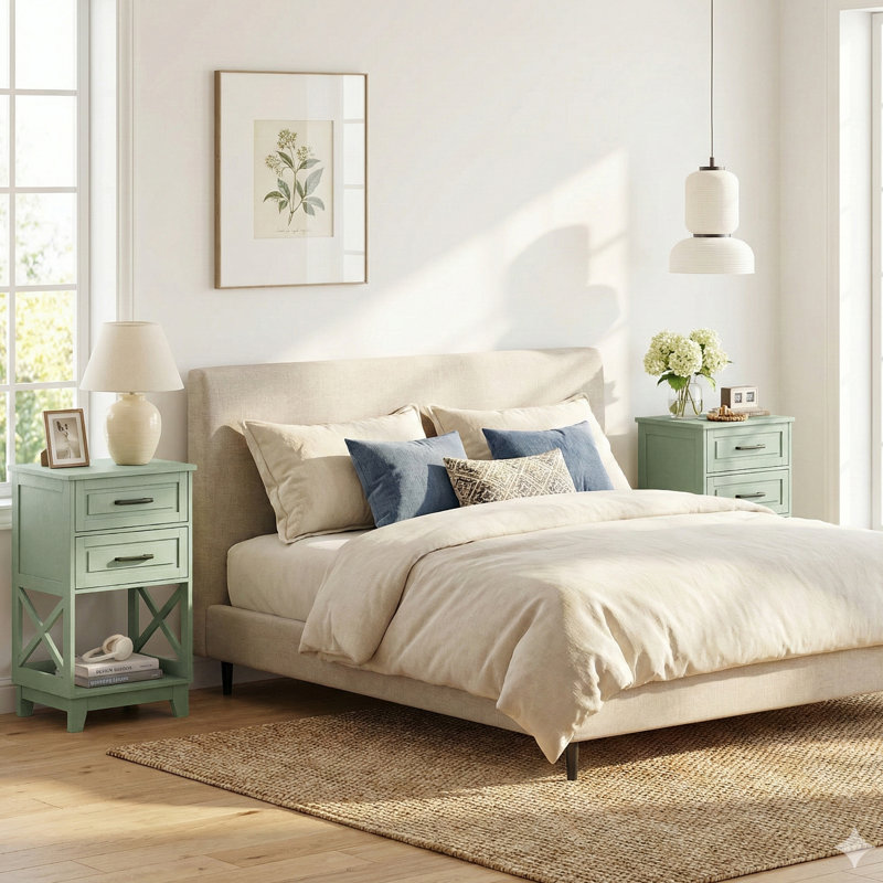 30" Tall Nightstand Modern Painted Wood Bedside Table With 2 Drawers And Open Shelf, Green