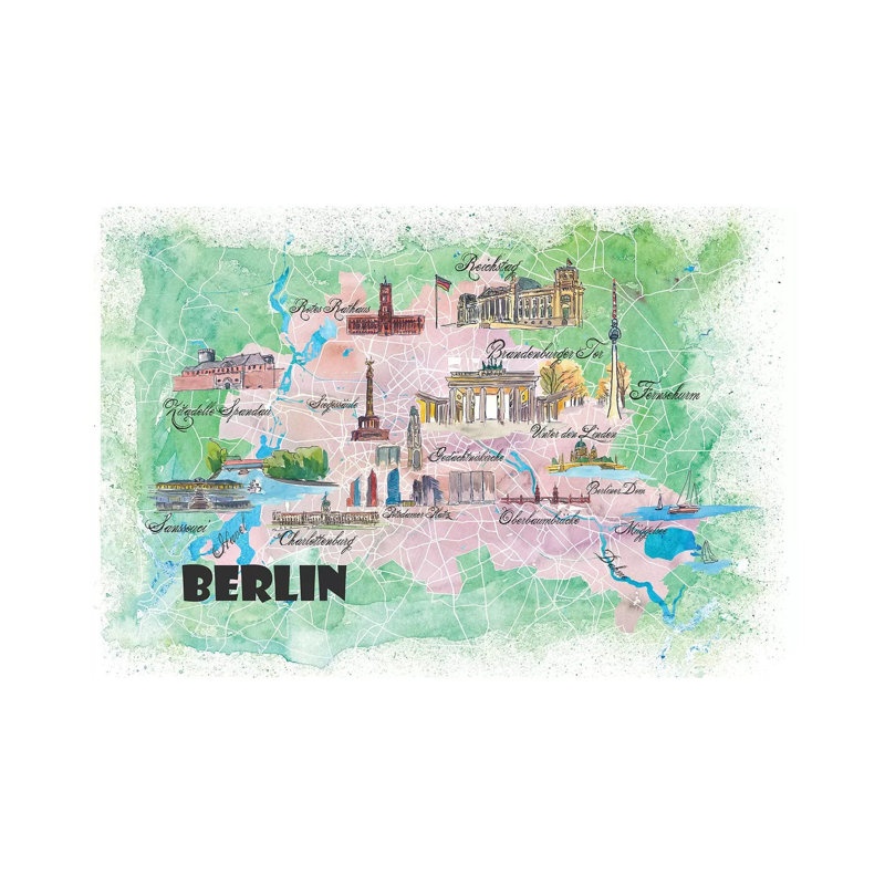 Berlin Germany Illustrated Map by Markus & Martina Bleichner - Wrapped Canvas Print, 20.32 cm H x 30.48 cm W