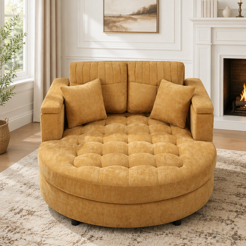 Canapé-lit rembourré avec siège capitonné et coussins amovibles 54,7 po Curved Chaise Lounge, Jaune