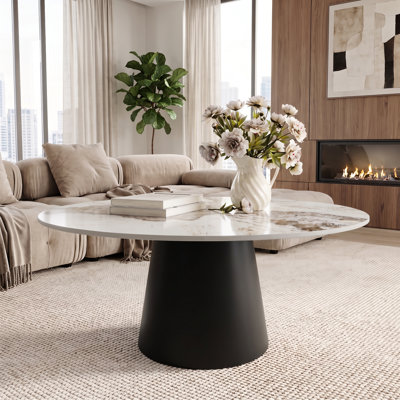  39'' Stone Round Coffee Table Wooden Pedestal Center Cocktail Table Side Table Mid-Century Modern For Living Room & Home Decor