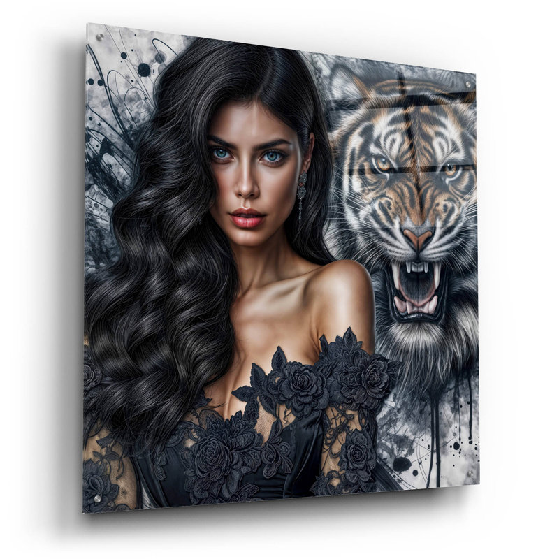 Art mural en verre épique «Tiger Girl Face» par Rey Klimt, 36 po x 36 po, H 36 po x l 36 po