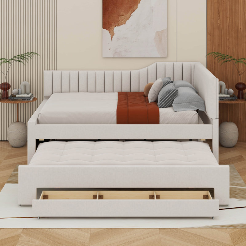 Upholstered Daybed With Trundle And Drawers, Beige, Full