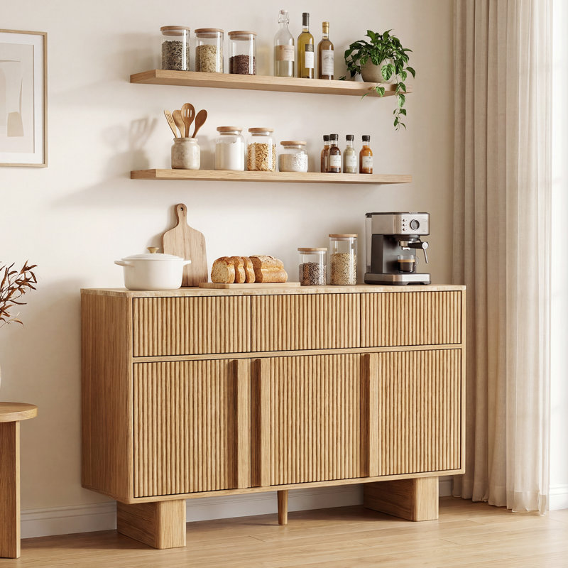 Buffet/crédence à 3 portes cannelées, 120 cm de large, tablette réglable, 30.7" H x 47.2’' W x 15.6'', Light Oak