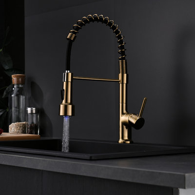 Led Kitchen Faucet With Pull-Down , Gold Single Single-Lever, 360 Rotation, Stream And Spray Modes For Modern, Contemporary Kitchens, Sinks, Faucets, Appliances, Accessories Decoration Pull Down