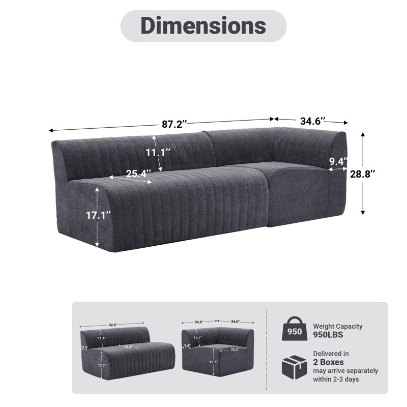 3 Piece Upholstered Modular Sectional Sofa Channel Tufted Couch Compression, Gray Chenille