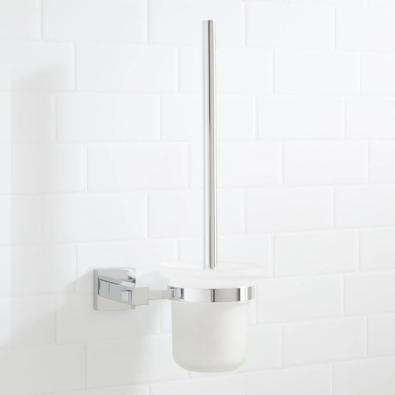Chrome Wall-Mounted Toilet Brush and Frosted Glass Holder