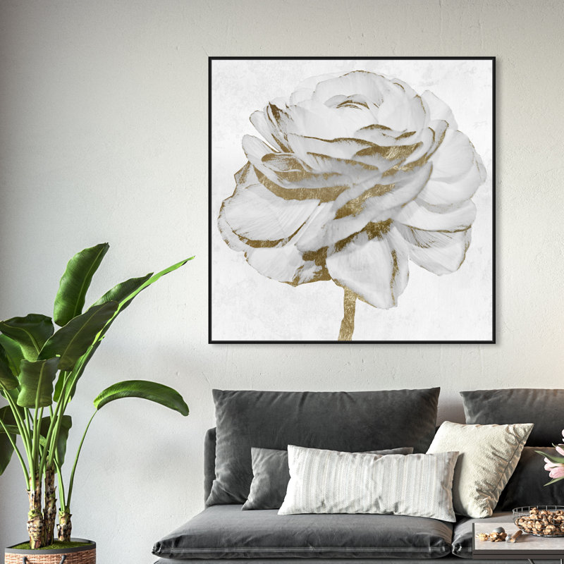 «White Gold Peony», reproduction d'art sur toile, Cadre noir, H 40 po x l 40 po