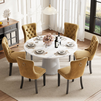 Round Dining Table Set with 4 Upholstered Tufted Chairs, Mid‑Century Dining Room Table Set for Kitchen Breakfast Nook