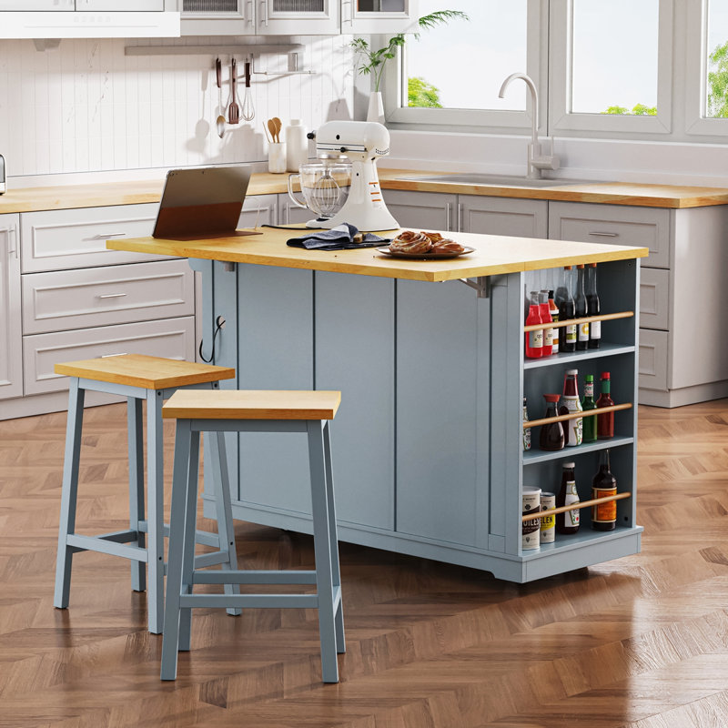 53inch Large Kitchen Island with Drop Leaf, Grey-Blue