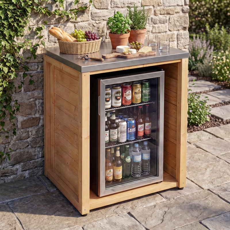 Armoire de cuisine extérieure réfrigérée de 70 cm (27,6 po) avec comptoir en acier inoxydable - Naturel, Bois