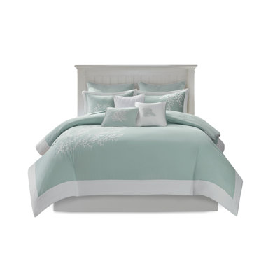 Aqua Cotton Bedding Sets With Coral Embroidery, Coastal Style For Home