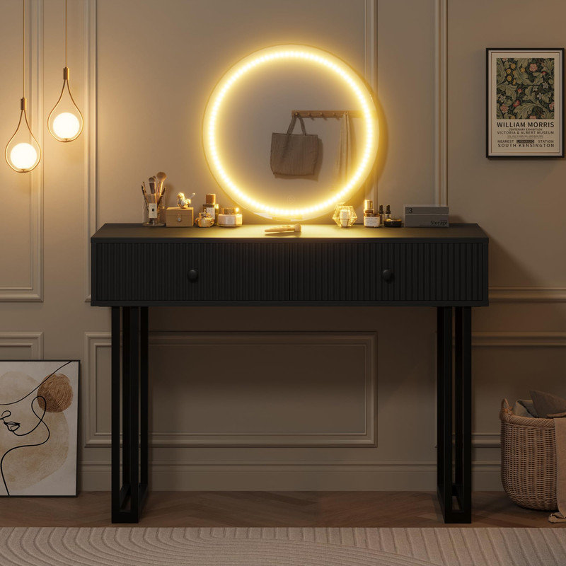 Meuble-lavabo de 49,2 po avec miroir, coiffeuse de maquillage moderne avec 2 tiroirs, éclairage à DEL 3 couleurs et luminosité réglable - coiffeuse de chambre à coucher