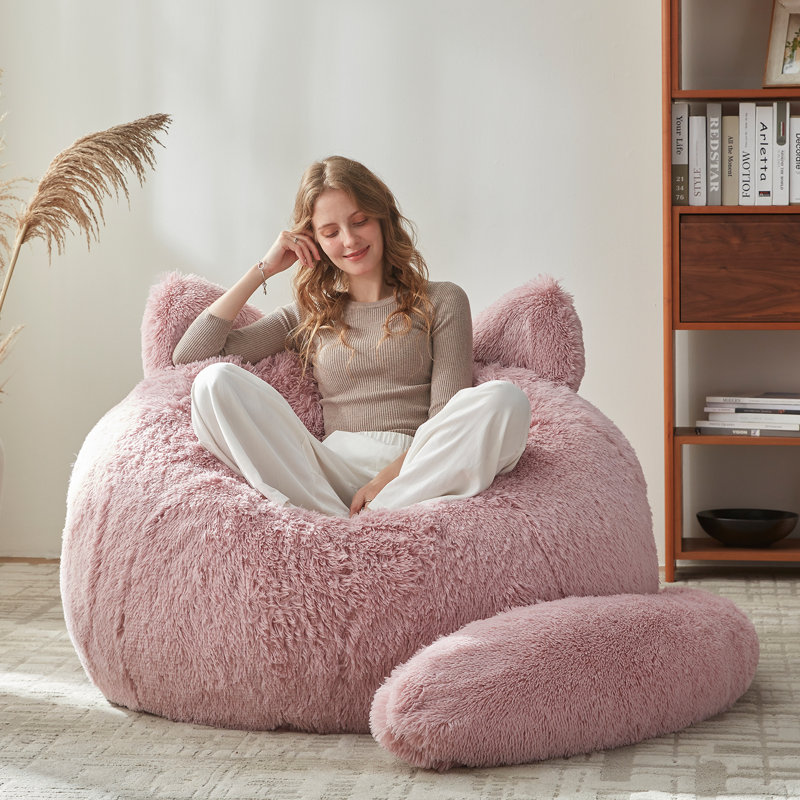 Fauteuil à billes en forme de chat de style fantaisiste moderne, canapé paresseux en fausse fourrure de lapin avec coussin amovible pour adultes et enfants