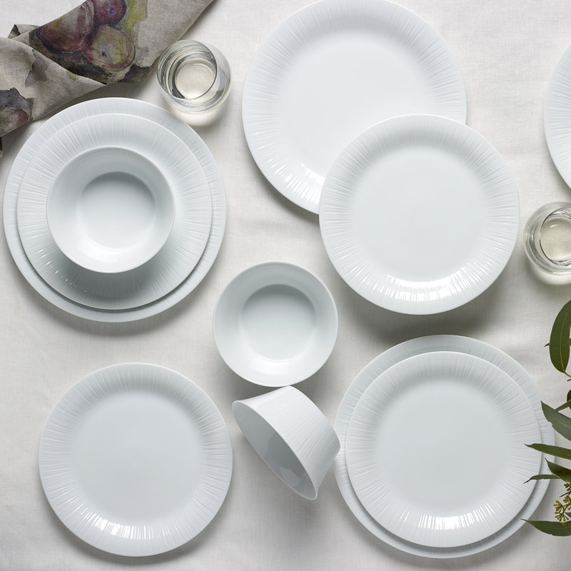 White Porcelain Embossed 24-Piece Dinnerware Set, Service for 6
