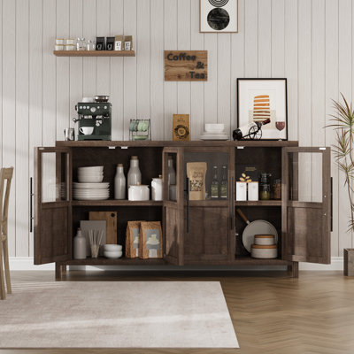 Buffet buffet avec 4 portes en verre, grande armoire-buffet de 55 po avec rangement, table de rangement de style campagne moderne
