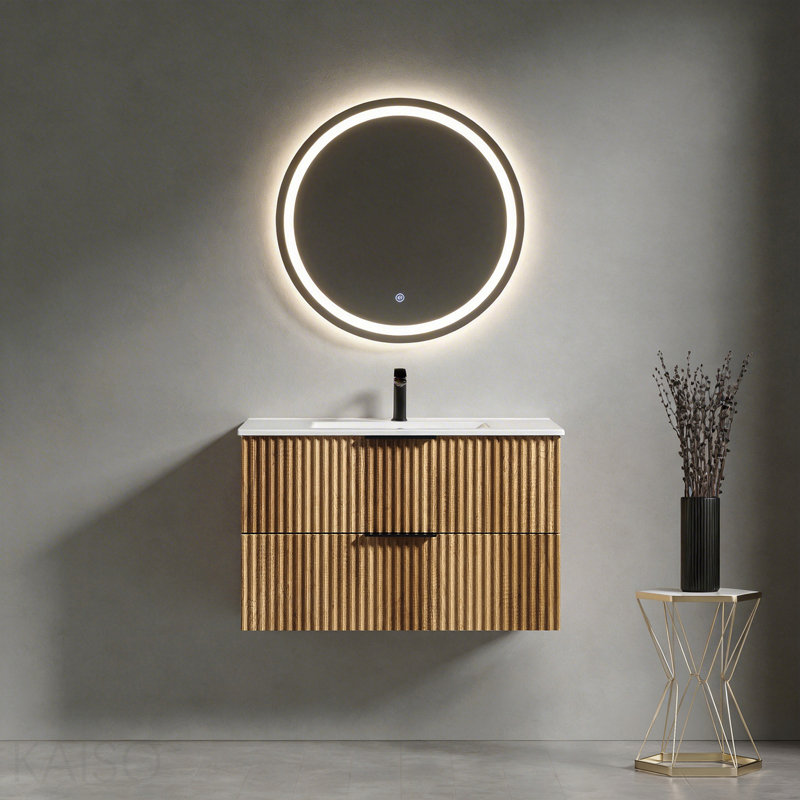 36 Inch Wall-Mounted Bathroom Vanity With 3d Fluted Panel & Ceramic Integrated Sink