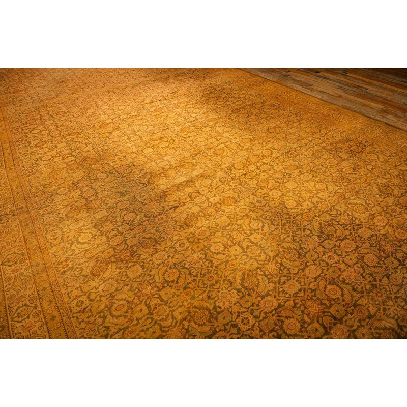 1930s Gold Herati Traditional Geometric Antique Knotted Wool Indian Runner Rug