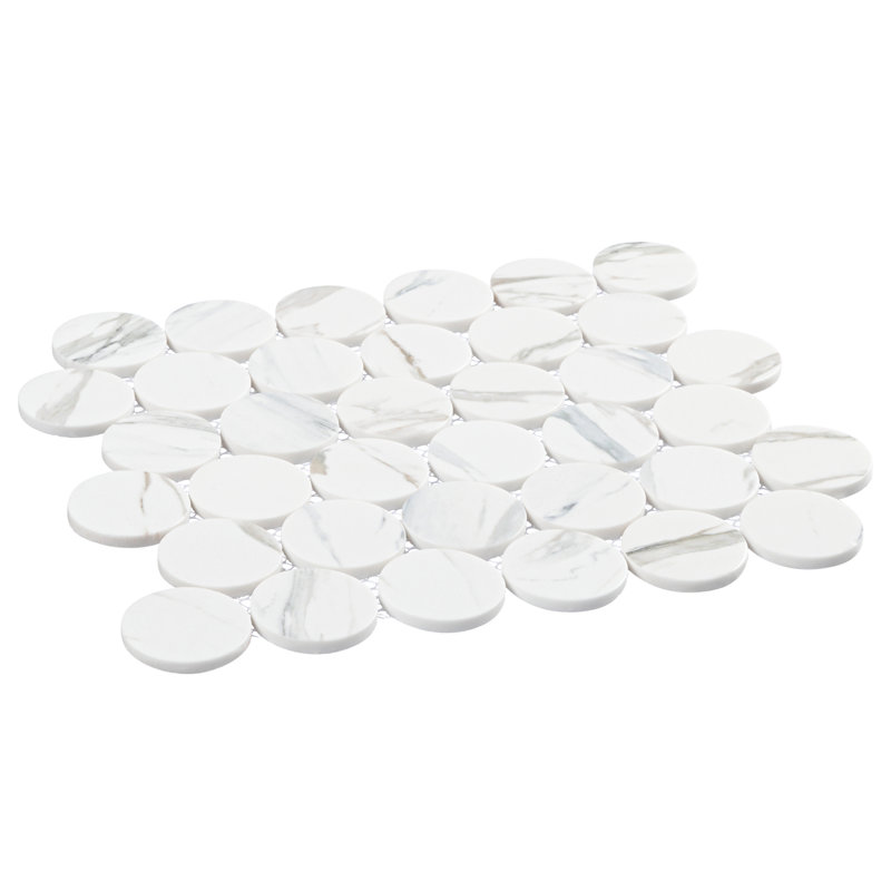 Ispara Gorbelle Blue 2-in Penny Round Marble Look Matte Glass Wall & Floor Mosiac Tile, Blue