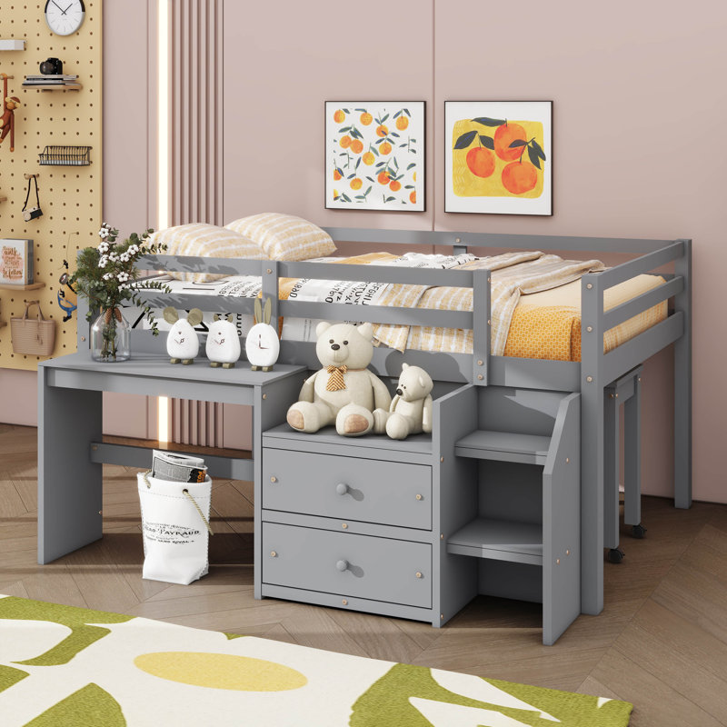 Lit mezzanine avec bureau et tiroirs Jianah, Double, gris
