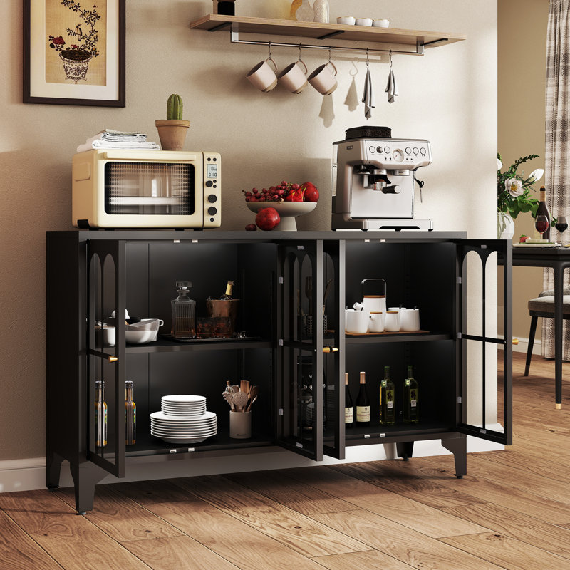 53.2" W Metal Sideboard Buffet Cabinet With Glass Door, Adjustable Shelves, COB LED Light, Black