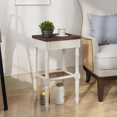 Psomas Rustic Farmhouse Square End Table, Distressed Side Table with Espresso Tray Top & Woven Shelf