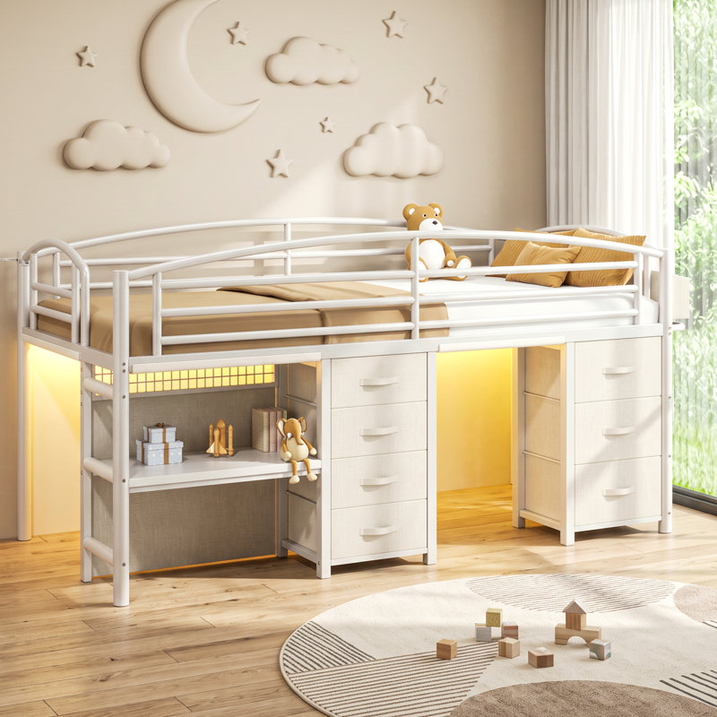 Loft Bed with Built-In Ladder, Blanc