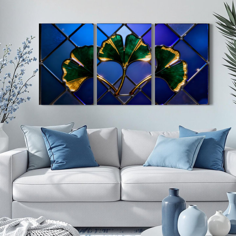 Ensemble de 3 tableaux muraux en toile tendue représentant des feuilles de ginkgo, avec vitrail, H 30 po x l 60 po