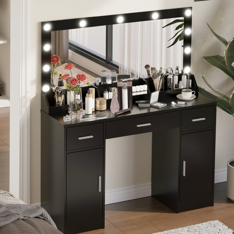 Bureau de meuble-lavabo pour femme, 46,08 po, noir, panneau de particules, grand miroir, 3 modes d'éclairage, luminosité réglable, tiroirs, 2 armoires, installation rapide, bureau à finition teintée, configuration pour le stress,