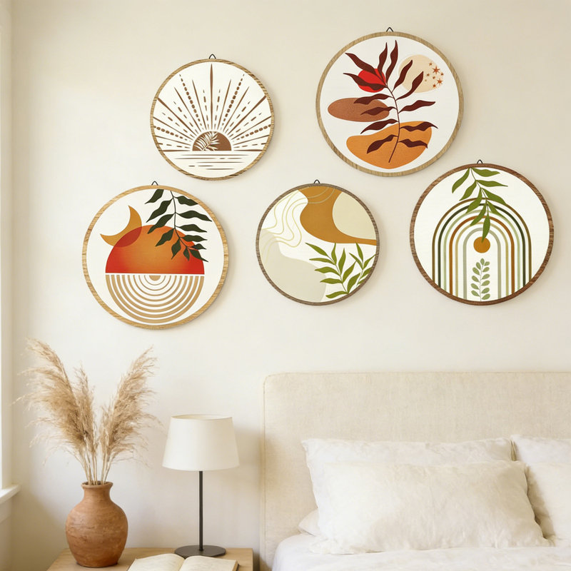5-Piece Boho Wooden Wall Art Set - Handcrafted Sustainable Birch Wall Decor with Earthy Tones, Minimalist Geometric Design for Bedroom, Living Room, Bathroom, Yoga Studio | Easy Hang & Natural Finish