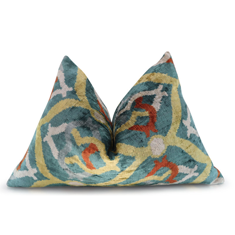 Velvet Lumbar Pillow Cover & Insert, Green/Yellow/Orange Geometric 1