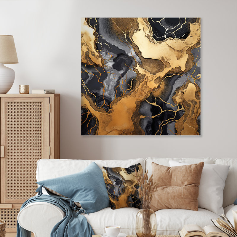 Or et marbre gris scintillant Galaxies I - impression d'art mural fractal en métal, H 16 po x l 16 po
