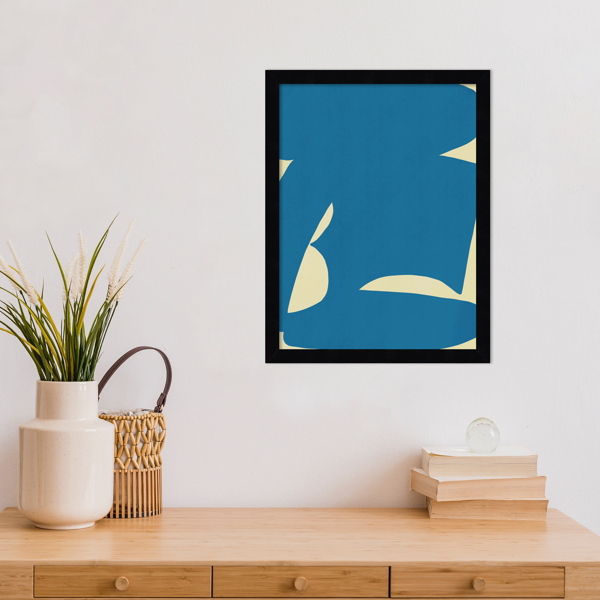 B Cut Out In Blue by Little Dean Wood Framed Wall Art Print, 17" H x 13" W, Black