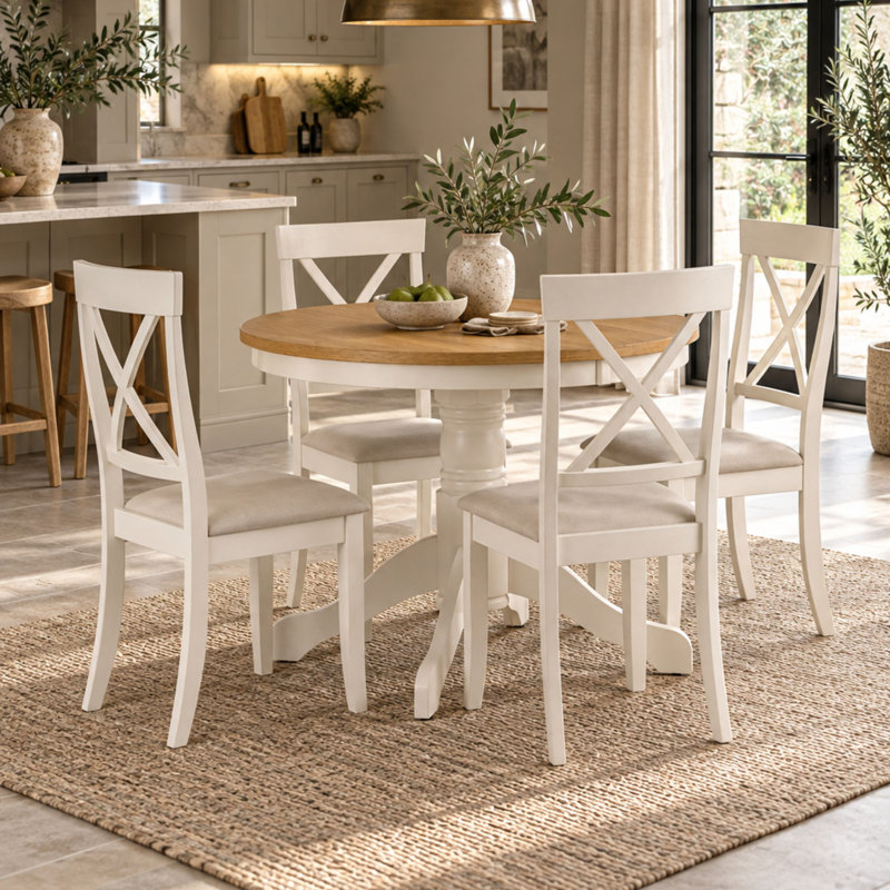 Conklin Rubberwood Round Dining Table with Wood Base, Ivory