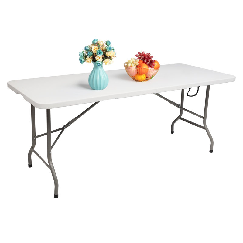 Foldable Outdoor Long Table, White Hdpe Top Steel Frame Portable Folding Table For Patio Courtyard Camping Picnic Bbq Party