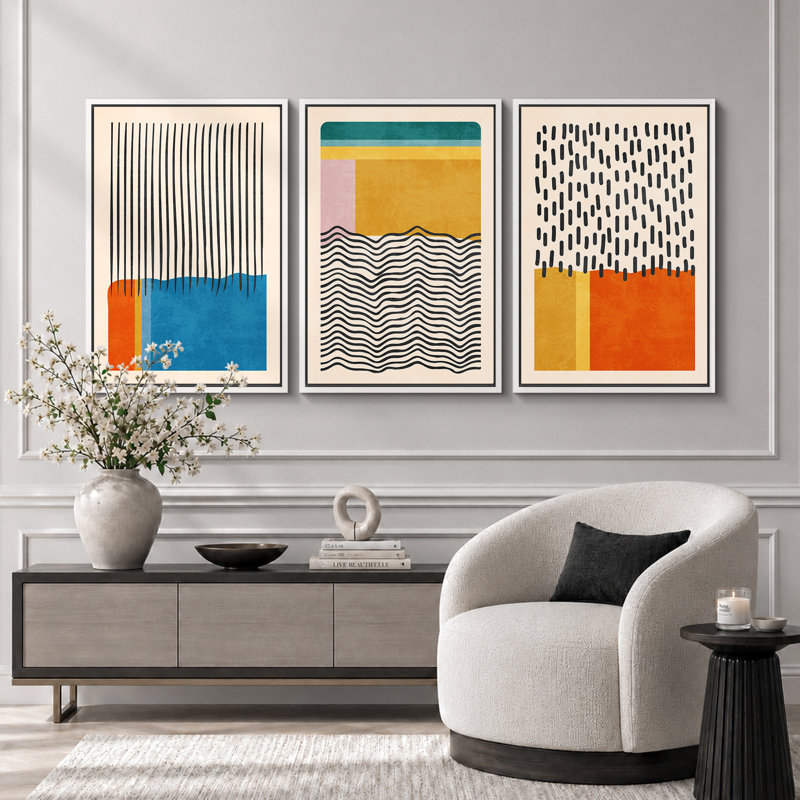 «Abstract Vibrant Color Blocks», œuvre d'art moderne de style Mid-Century, images murales multicolores géométriques, ensemble de 3 impressions sur toile encadrées