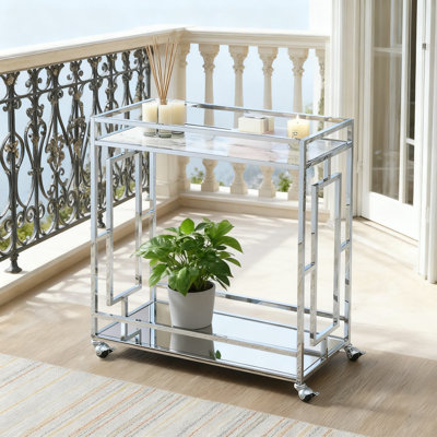 Chrome Bar Cart With 360-Degree Swivel Wheels, Faux Marble Top And Mirrored Storage Shelf For Modern Living Room, Kitchen, And Dining Room