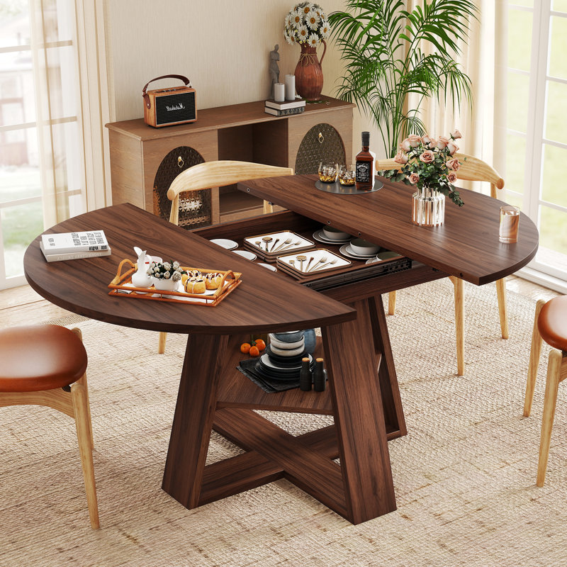 Table de salle à manger extensible ronde à ovale pour 4 à 6 personnes, table de cuisine en bois avec rangement caché et chaises rembourrées, table de salle à manger compacte pour petits appartements