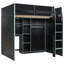 Lit mezzanine en bois pleine grandeur avec bureau, garde-robe ouverte, compartiments de rangement et lumières RVB-541752895