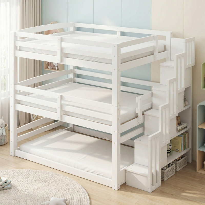 Lit superposé double au-dessus de double en bois massif, lit superposé triple double avec escalier de rangement pour la chambre à coucher