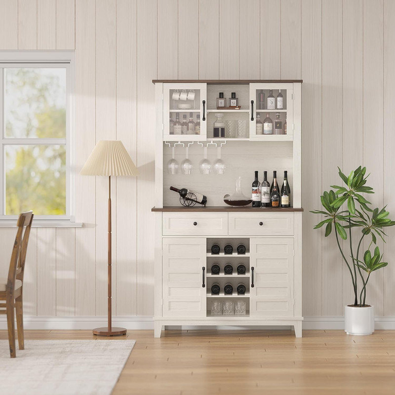72" White Kitchen Pantry Cabinet with 4 Doors, 2 Drawers, Wine Rack & Adjustable Shelves for Dining Room Storage