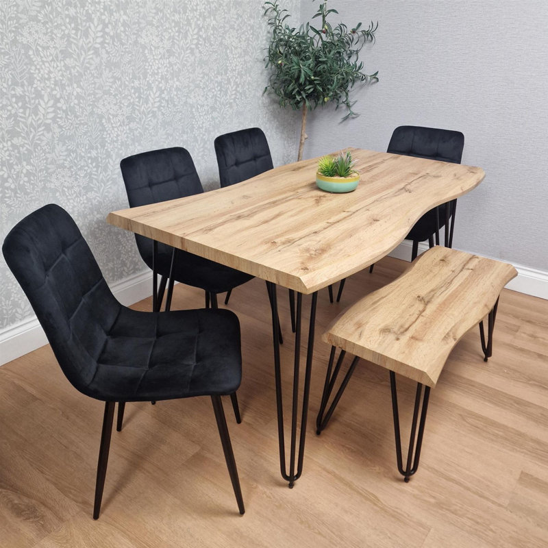 Wooden Dining Table With Bench and 4 Velvet Chairs - Stylish Dining Room Furniture, Black, 117cm L x 77cm W x 75cm H